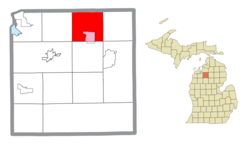 Location within Kalkaska County (red) and a portion of the administered community of Manistee Lake (pink)