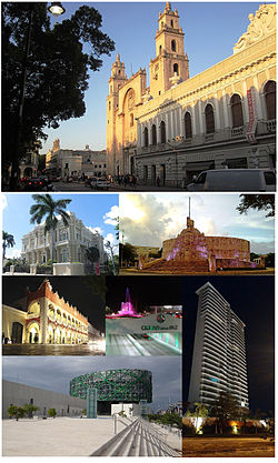 Above, from left to right: San Ildefonso Cathedral, the Canton Palace, the Monument to the Fatherland, the Municipal Palace, the Glorieta de la Paz, the Great Museum of the Maya World and a view of the Country Towers.
