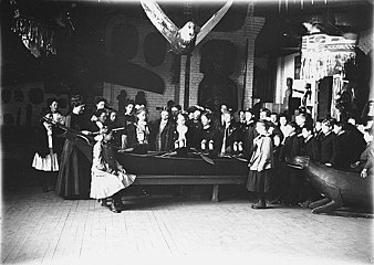 Interior of museum showing Northwest coast Native American artifacts, Washington, ca 1905