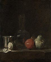 Jean-Baptiste-Siméon Chardin, Still Life with Glass Flask and Fruit, c. 1750