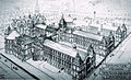 Aerial view of the design for Liverpool Royal Infirmary c.1886, the administration building is top left, the three blocks of medical wards on the right, visible are the two round structures containing the surgical wards, all are linked by the spine corridor