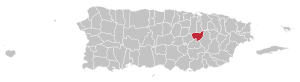 Map of Puerto Rico highlighting Aguas Buenas Municipality