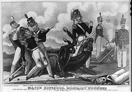 Black and white print is labeled Major Ringgold Mortally Wounded. It shows an incident in the Battle of Palo Alto.