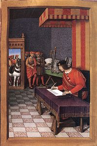 Louis XII écrivant à Anne de Bretagne (Épîtres de poètes royaux, vers 1510, Saint-Pétersbourg, fo 51 vo).