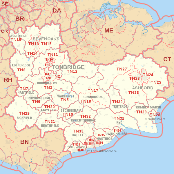 TN postcode area map, showing postcode districts, post towns and neighbouring postcode areas.
