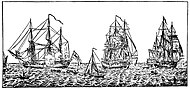 Les trois vaisseaux anglais : le Hampshire (56 canons), le Dering (36) et l’Hudson-Bay (32).
