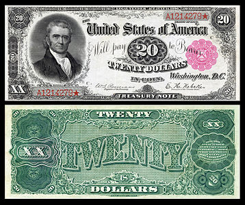 Twenty-dollar Treasury Note from the series of 1890, by the Bureau of Engraving and Printing