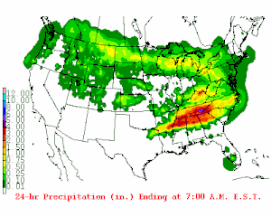 A map of rainfall totals across the United States.