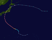 Track of a tropical cyclone as represented by colored dots; each dot represents the storm's position and intensity at 6-hour intervals.