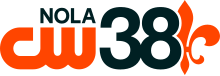 The CW logo in orange with the letters "N O L A" above it in a sans serif in black, right-aligned. Next to both on the right is a sans serif numeral 38. On the right, behind the 8, is half of a fleur-de-lis in orange.