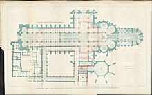 A top-down diagram of two overlaid abbey floorplans: a smaller one in red and a larger one in blue