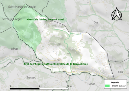 Carte des ZNIEFF de type 1 sur la commune.