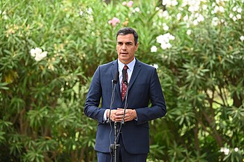 Pedro Sánchez giving a press conference in the gardens of Marivent palace