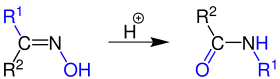 Reaktionsmechanismus der Beckmann-Umlagerung. Die blaue Markierung stellt die Umlagerung von Atomen in den Vordergrund.