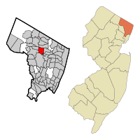Location of Washington Township in Bergen County highlighted in red (left). Inset map: Location of Bergen County in New Jersey highlighted in orange (right).