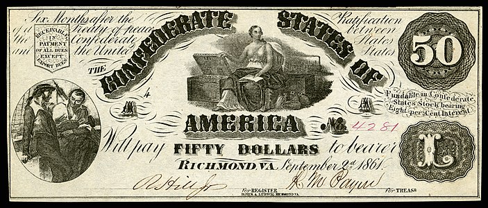 Fifty Confederate States dollar (T14), by Hoyer & Ludwig