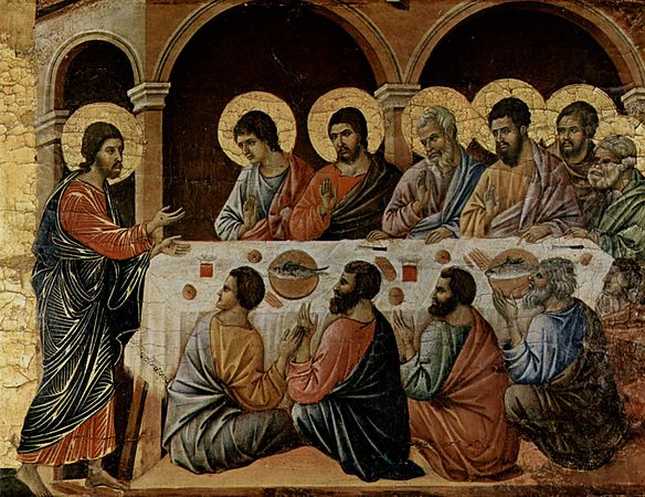 "Cristo ressuscitado aparecendo aos Onze" (Lucas 24:36–49), da Maestà de Duccio. Cristo tem um halo simples; os apóstolos só os tem quando o halo não atrapalha seriamente a composição.