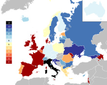 Political map of Europe with countries coloured by the number of points were awarded to Italy by the country's jury, with dark blue being twelve points and dark red being zero points. In general, many eastern European countries are coloured blue, while several western European countries are coloured dark red.