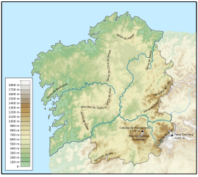 Carte de Galice avec le Massif galicien au sud-est.