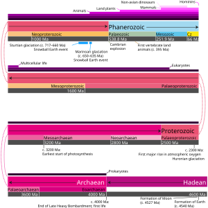 Geologic time scale for context with proportional representation of eons/eonothems and eras/erathems. Cenozoic is abbreviated to Cz. The image also shows some notable events in Earth's history and the general evolution of life.