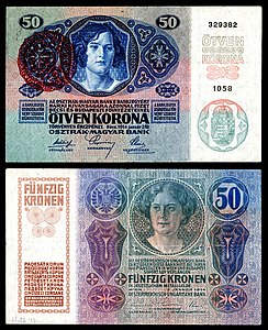 Fifty Hungarian korona at Paper money of the Hungarian korona, by the Austro-Hungarian Bank and the Kingdom of Hungary
