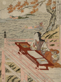 18th c. image of poet writing on balcony overlooking Lake Biwa