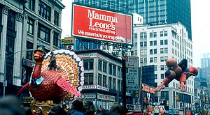 Two cartoon balloons arrive at the 1979 Macy's Thanksgiving Day Parade.