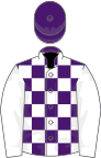 Purple and white checked, white sleeves, purple cap