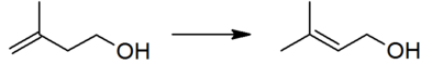 The isomerization of isoprenol to prenol, the second step in the industrial manufacture of prenol.