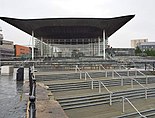 Steps leading up to the entrance of the Senedd building