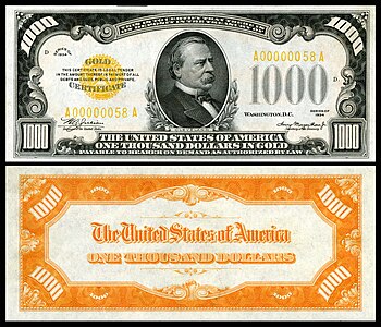 One-thousand-dollar gold certificate from the series of 1934, by the Bureau of Engraving and Printing