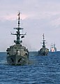 The Ecuadorian Navy corvette BAE Manabi (CM 12) during an exercise.