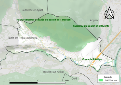 Carte des ZNIEFF de type 1 sur la commune.