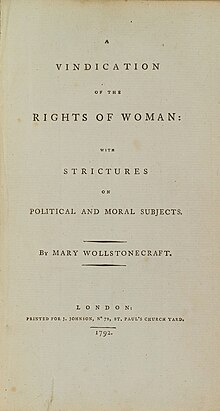 Title page of a book, reading "A VINDICATION OF THE RIGHTS OF WOMAN: WITH STRICTURES ON POLITICAL AND MORAL SUBJECTS. BY MARY WOLLSTONECRAFT. PRINTED AT BOSTON, BY PETER EDES FOR THOMAS AND ANDREWS, Faust's Statue, No. 45, Newbury-Street, MDCCXCII."