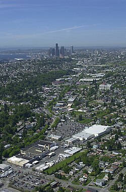 Aerial view of Rainier Valley, with downtown Seattle in the background, taken in 2001