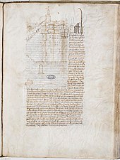 Photographie d'un parchemin ancien représentant une page manuscrite ornée en lettrine d'un motif de tours, à droite.