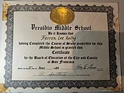 Coco Lee's Presidio Middle School Diploma