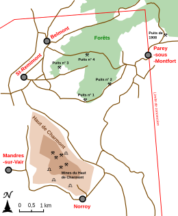 Carte localisant les travaux miniers et les villages.