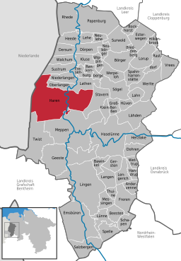 Läget för staden Haren (Ems) i Landkreis Emsland