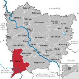 Nossens läge i Landkreis Meissen, Sachsen, Tyskland.