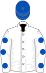White, royal blue spots on sleeves, royal blue cap