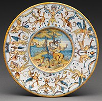 Plate with two lovers and grotesque border, dated 1644, "perhaps" Antoine Conrade.[35]