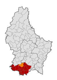 Map of Luxembourg with Reckange-sur-Mess highlighted in orange, and the canton in dark red