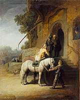The Good Samaritan by Rembrandt (1630) shows the Good Samaritan making arrangements with the innkeeper. A later (1633) print by Rembrandt has a reversed and somewhat expanded version of the scene.[71]