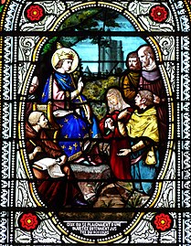 Saint-Louis rendant la justice : vitrail de Gustave Pierre Dagrant.