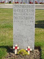 A single marker for two of the four German graves at Tyne Cot. Both are unknown.