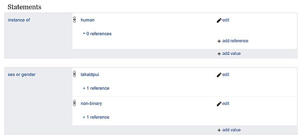 Statements on a Wikidata item for a nonbinary person, showing instance of 'human', and sex or gender of 'takatāpui' and 'non-binary'.