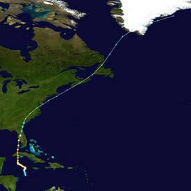 The hurricane took a generally south-to-north path, beginning in the Caribbean Sea and crossing Cuba and Florida, with the extratropical stage of the cyclone's track extending to Greenland.