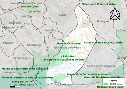 Carte des ZNIEFF de type 1 sur la commune.