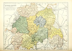 Barony map of Queen's County, 1900; Ballyadams is orange and in the east.